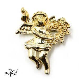 Vintage Angel Pin Brooch Valentine Love and Flowers Gold Metal 2" Tall - Hey Viv